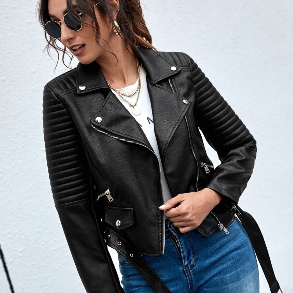 Luxe Vegan Leather Camel Zip up Moto Biker Jacket - Picture 7 of 10